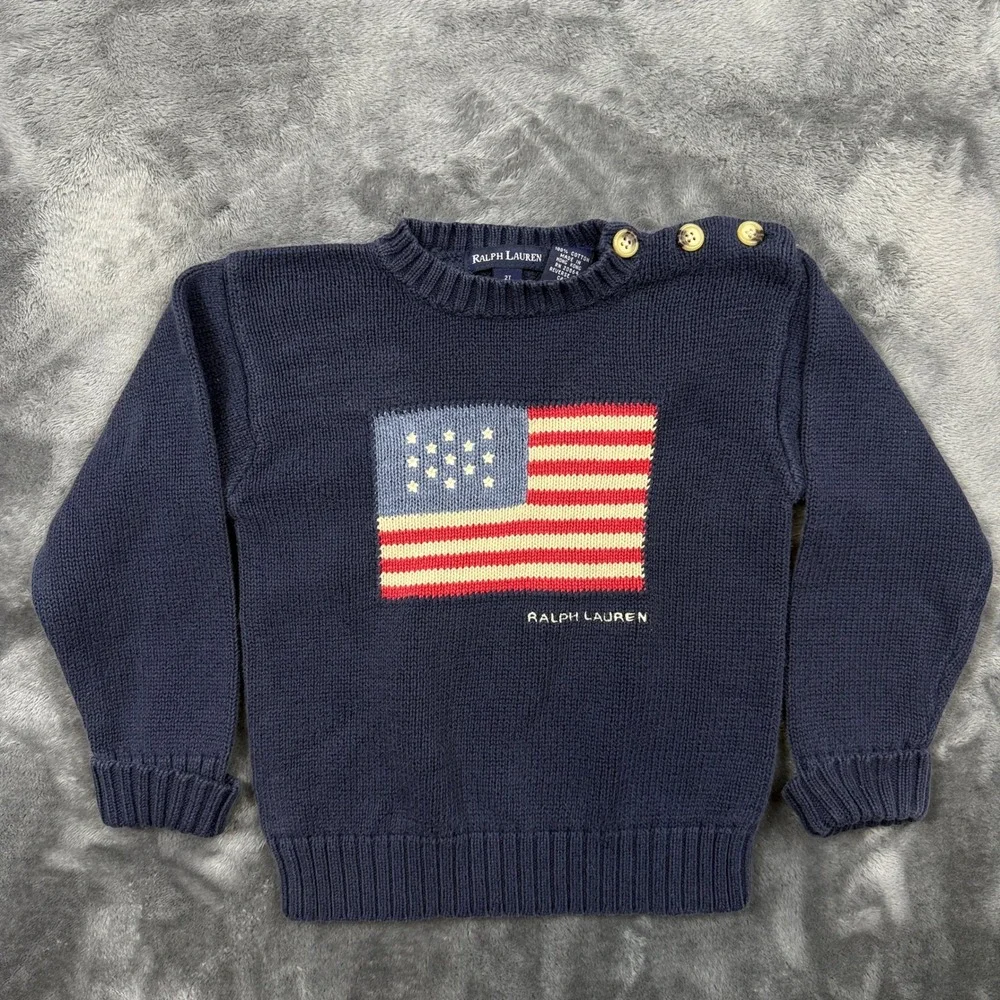 Ralph Lauren Sweater Toddler 2T Navy Blue American Flag Knit Button Shoulder
